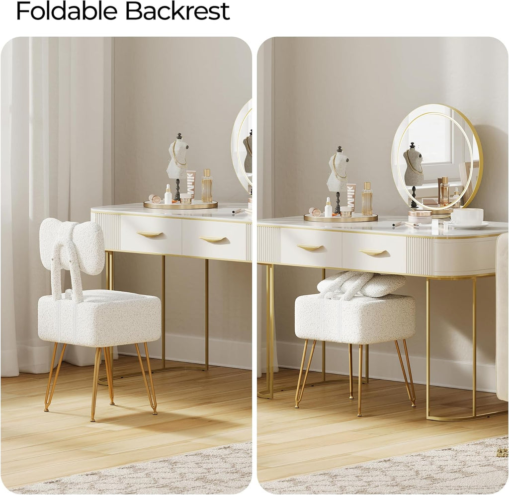 Small Vanity Chair with Storage and Folding Back, 14.2" D x 12.6" W x 28.3" H Soft Storage Ottoman, Footrest Stool, Teddy Fleece Vanity Stool for Makeup, Bedroom, Living Room, White