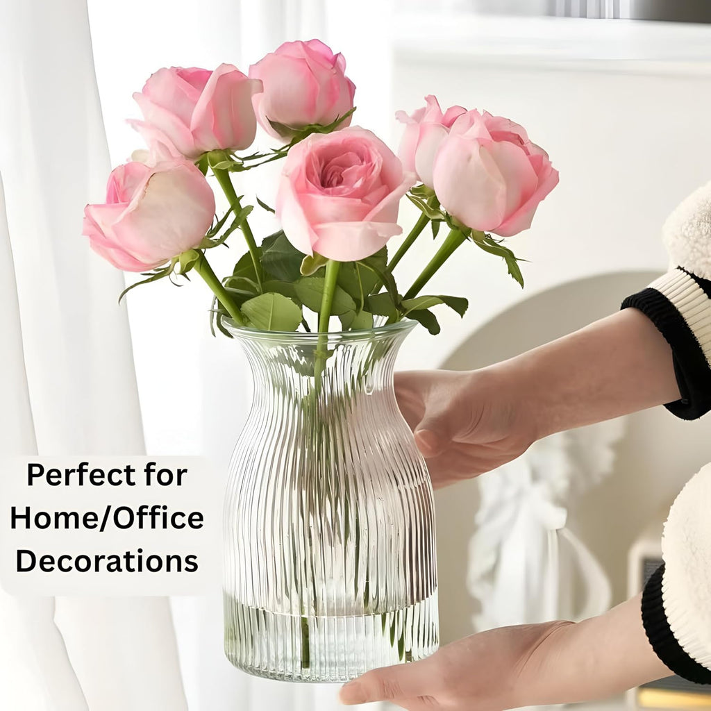 New 2026 Design Ribbed Glass Vase Wide - 8 Inch Tall Ribbed Vase for Wedding Reception, Home Decor, Housewarming Gift (Clear) Decorative Flower Vases - Bud Vase for Centerpieces Cylinder Vases
