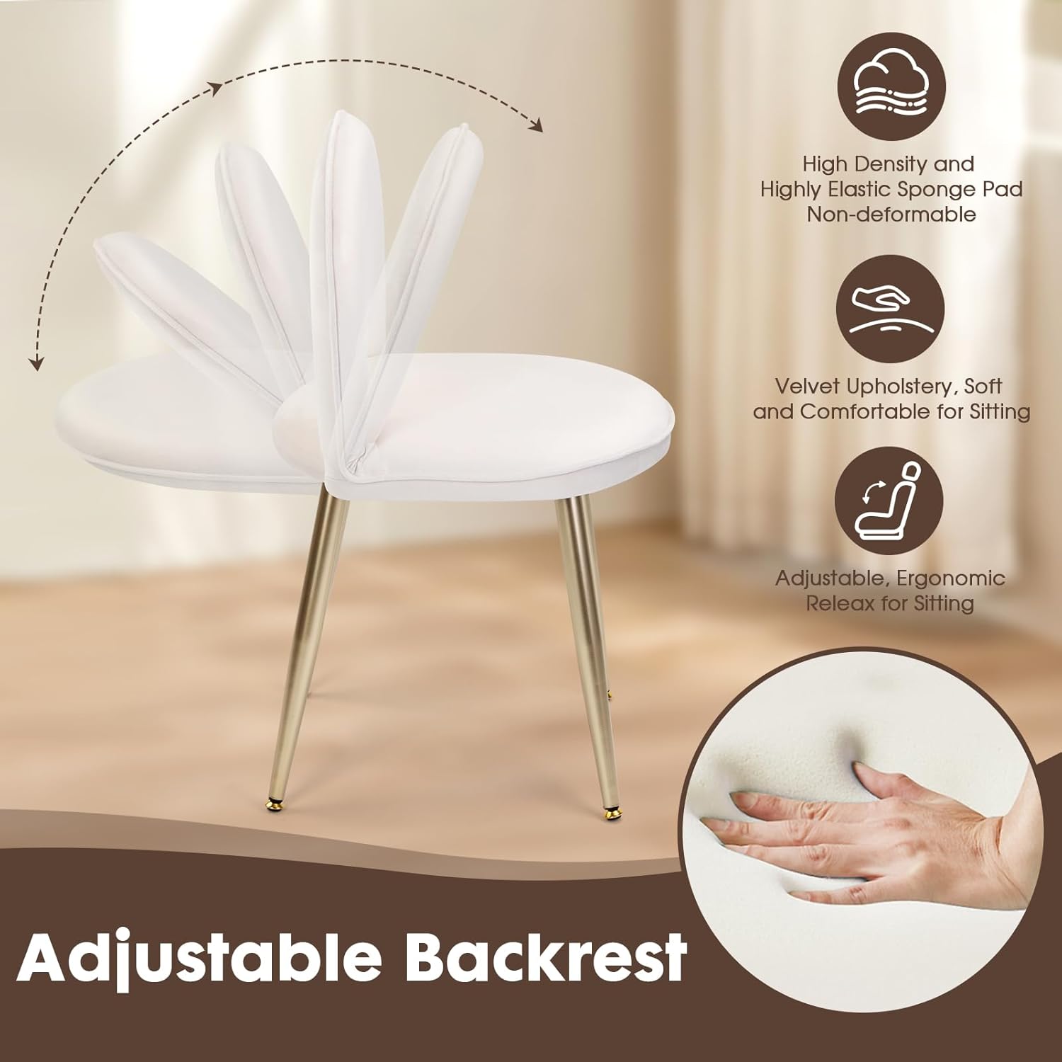 Chair with Adjustable Backrest Makeup Vanity Stool with Back Multifunction Armless Chair for Dressing Home Office Kitchen Dinning Room and Living Room (Velvet White)