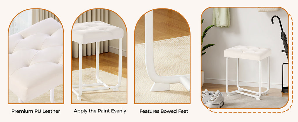 White Vanity Chair, Leather Vanity Stool, Small Stool Chair for Vanity, Square Ottoman Foot Stool, Makeup Vanity Chairs with Thick Padded Seat for Bathroom, Bedroom, Entryway, KFD01W