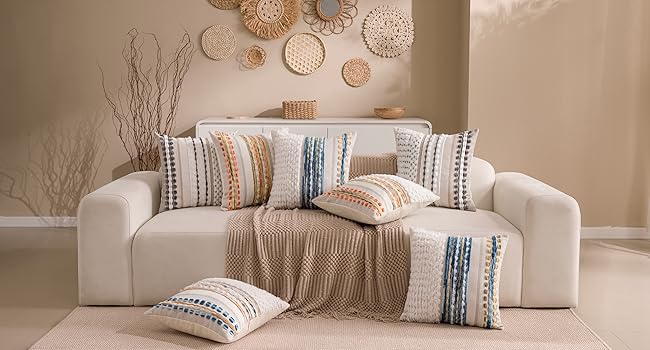 Boho Chenille Tufted Couch Throw Pillow Covers 18x18 Inch Set of 2 Farmhouse Striped Decorative Pillow Covers Accent Neutral Square Pillowcase Green Cushion Covers for Livingroom Sofa Bed
