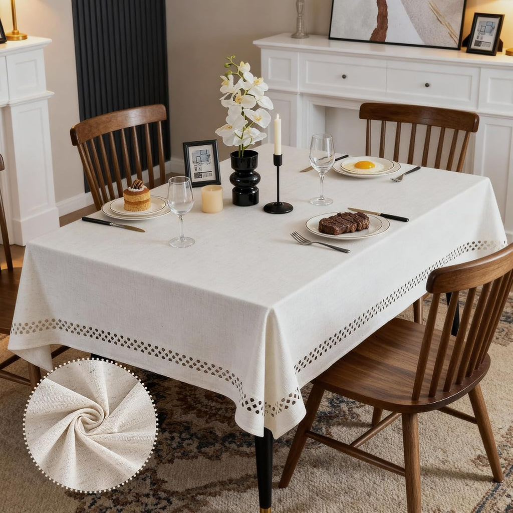 Natural Tablecloth, Rectangle Tablecloth with Decorative Cutouts, Stain Resistant & Wrinkle Free Table Cover for for Dining Table (Natural Cotton Linen, 70" x 52" (Rectangular))