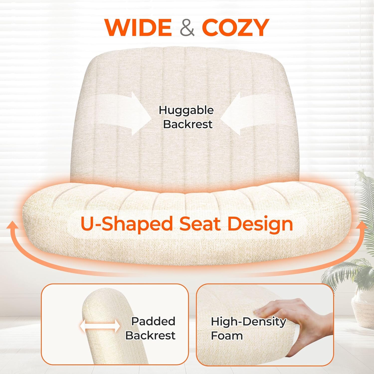 Chair Wheels Wide Cross Legged Office Desk Vanity Chair Comfy Fabric Armless Adjustable Swivel for Home Computer Task (Beige Wheel, Fabric)