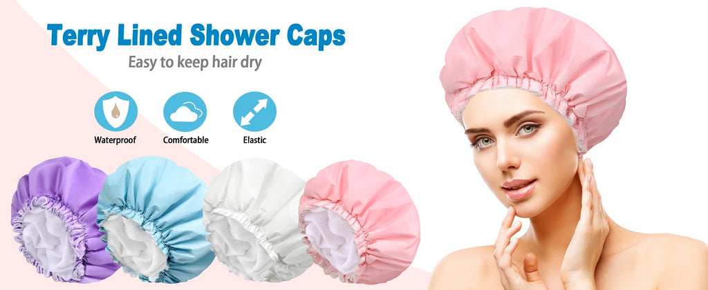 Shower Cap for Women, Double Layer Waterproof Bath Cap, Reusable Hair Protector, Large Waterproof Shower Bonnet Washable Elastic Band Bath Hair Hat for Long Hair, Braids， - Pink